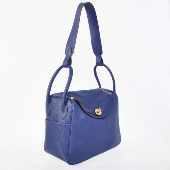 High Quality Replica Hermes Lindy 30CM Havanne Handbags 1057 Dark Blue Leather Golden Hardware - Click Image to Close